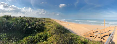 Dune vegetation, a wooden beach access and the Atlantic shoreline at Apollo Beach.
