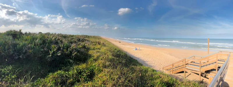 Dune vegetation, a wooden beach access and the Atlantic shoreline at Apollo Beach.