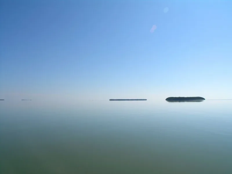 Low wooded islands above reflective water in Florida Bay.